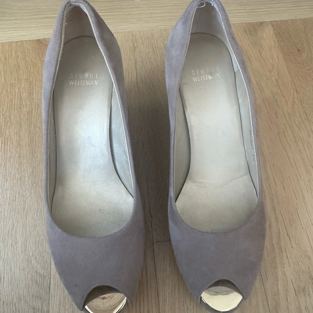 Stuart Weitzman Taupe Wedge Peep-Toe Shoes - Picture 2 of 4